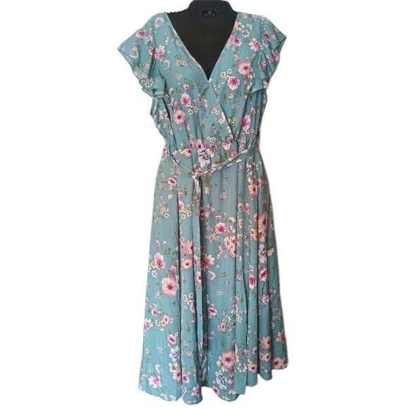 Bloom Chic Dress Sz 14/16 Flutter Sleeve Belted Floral Mint Feminine Cottagecore - Picture 1 of 9